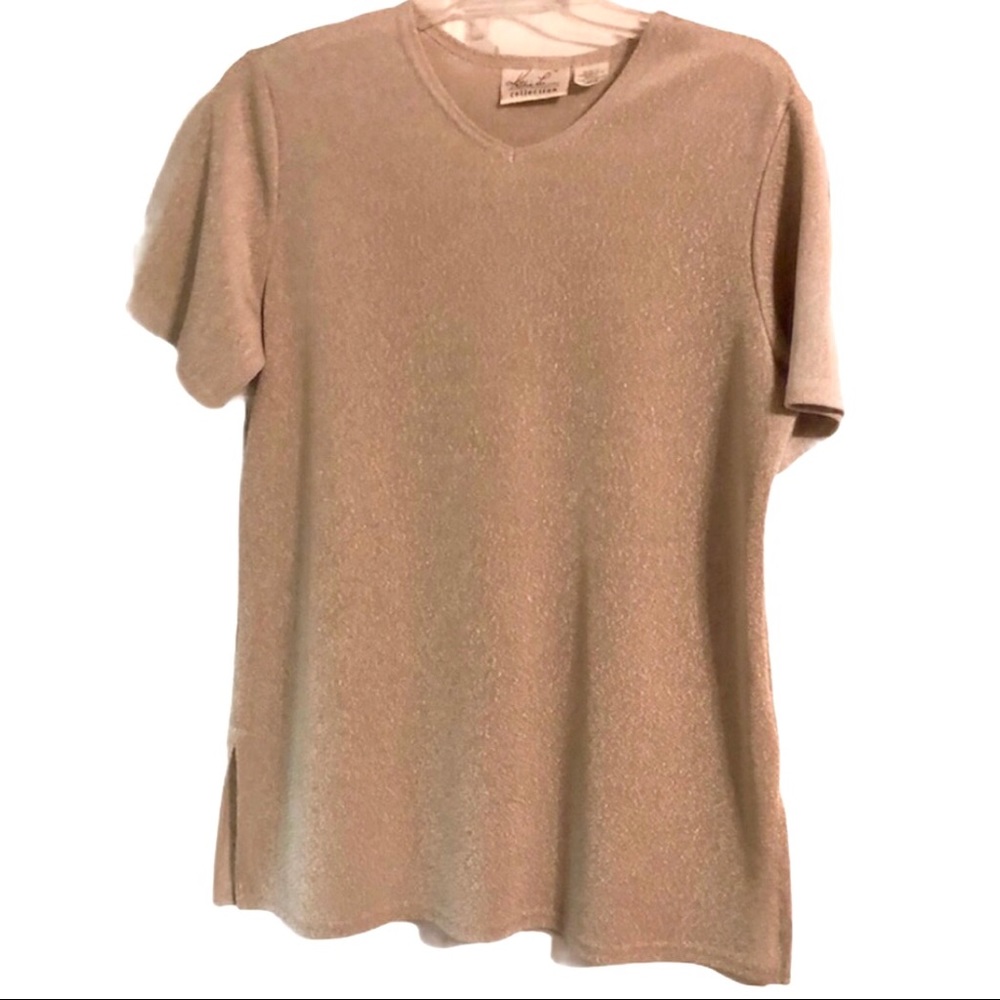 Kathie Lee Collection sparkling beige tan women’s short sleeve V-neck top Size L